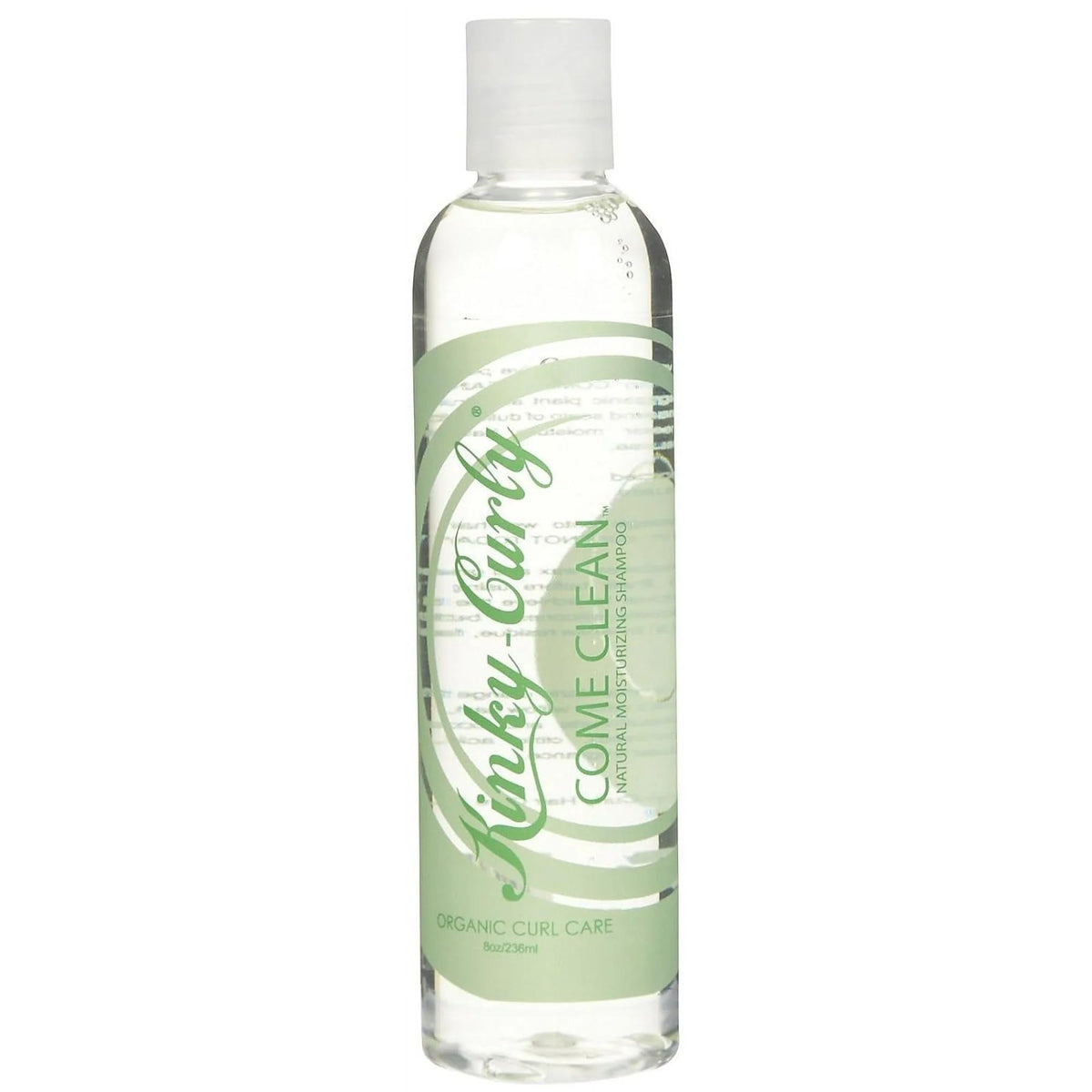 Kinky Curly Come Clean Shampoo bottle front view highlighting a mineral-clarifying formula.