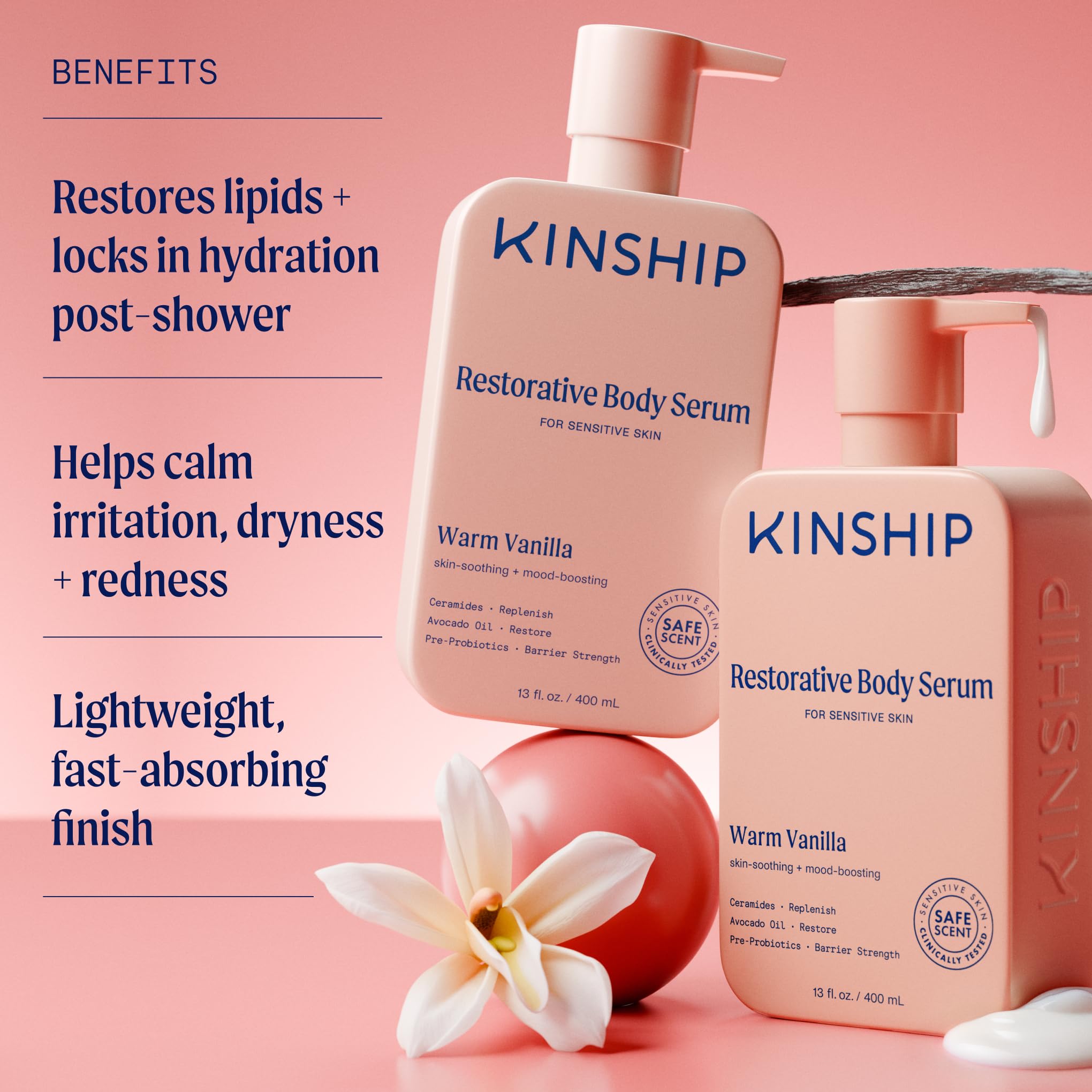 Kinship Restoring Body Serum application swatch highlights fast absorption and softness