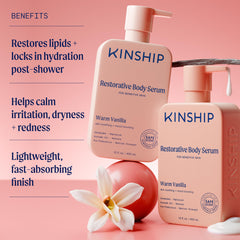 Kinship Restoring Body Serum application swatch highlights fast absorption and softness