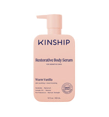 Kinship Restoring Body Serum bottle demonstrates easy daily hydration