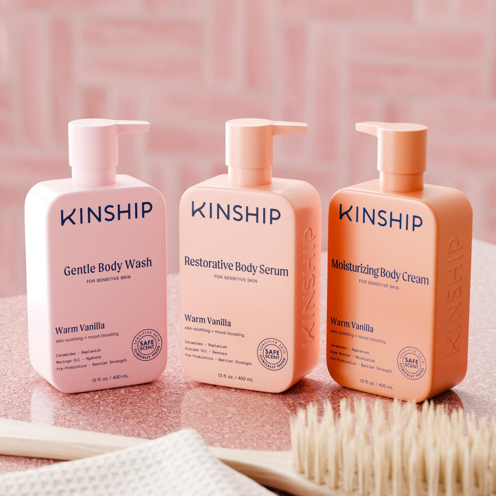 Kinship Restoring Body Serum fragrance-free label supports sensitive-skin routines