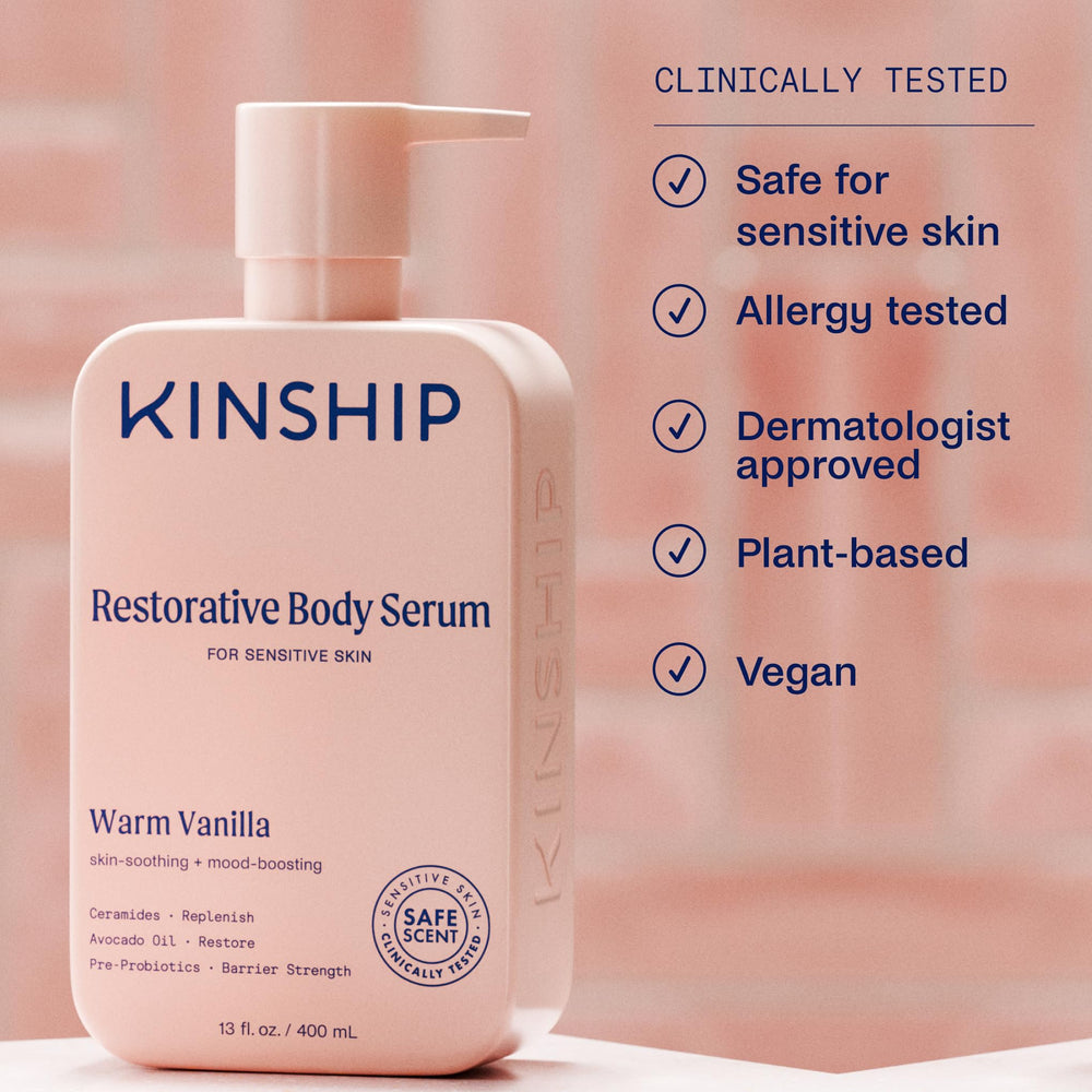 Kinship Restoring Body Serum in-shower use illustrates convenient hydration after bathing