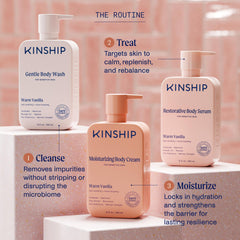 Kinship Restoring Body Serum packaging emphasizes eco-friendly, cruelty-free care