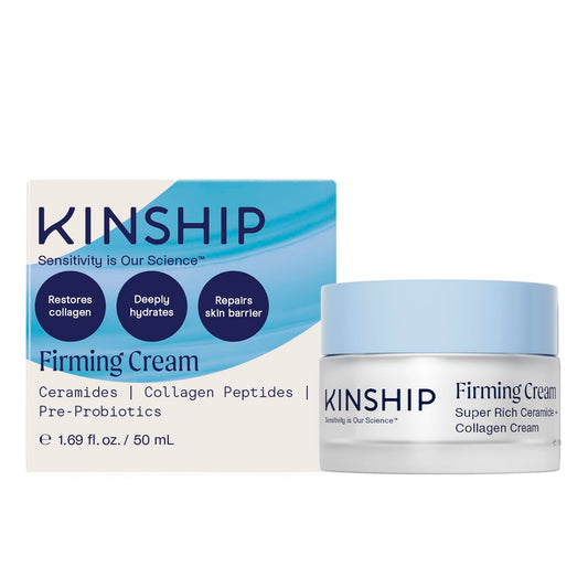 Kinship Super Rich Collagen + Ceramide Firming Cream bottle for daily hydration and firming.
