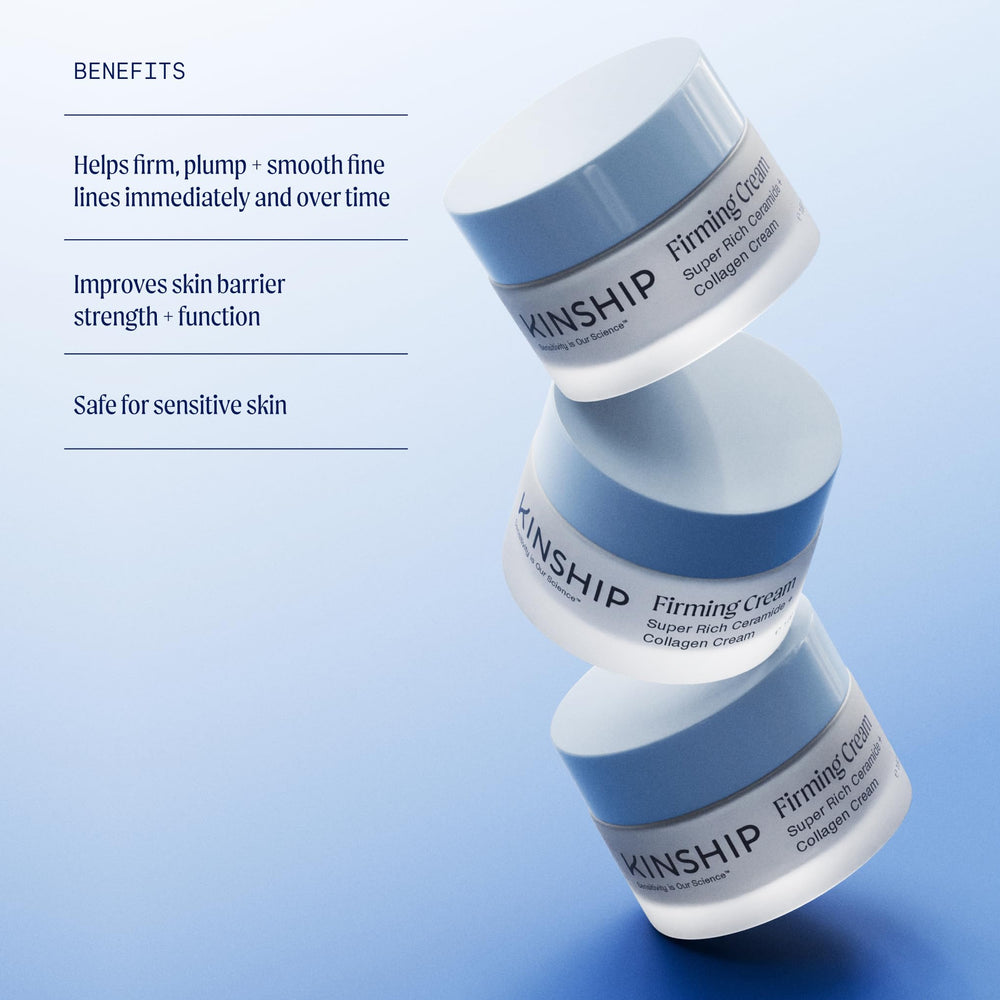 Kinship Super Rich Collagen + Ceramide Firming Cream jar closeup emphasizes rich formula.