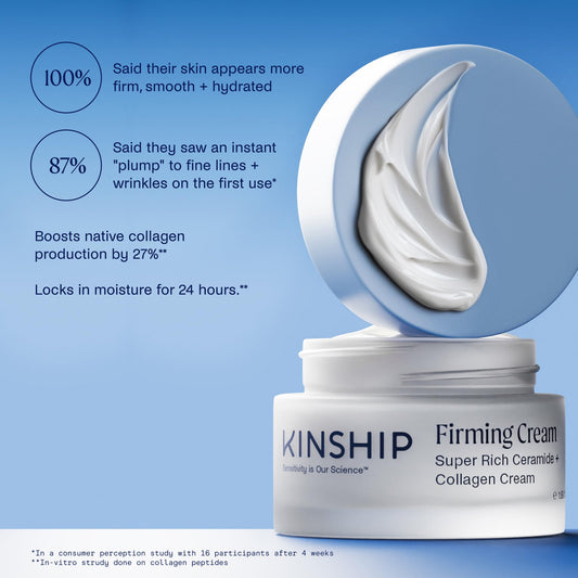 Kinship Super Rich Collagen + Ceramide Firming Cream spread on skin shows silky texture and quick absorption.