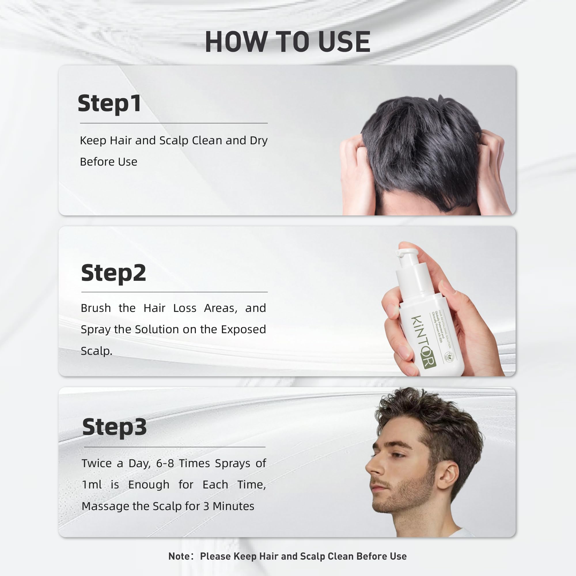 Parted hair exposing thinning areas prepared for scalp spray