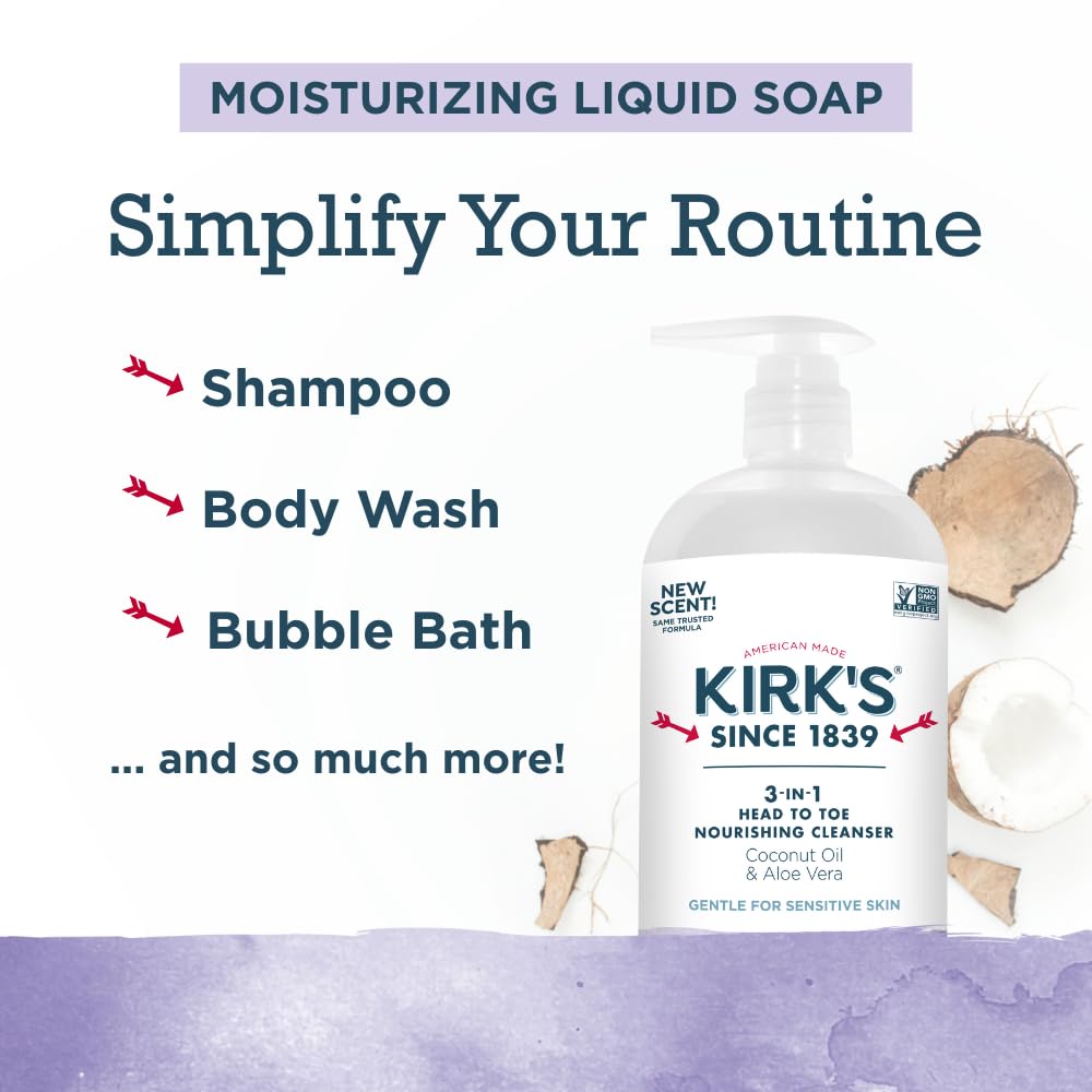 Kirk's cleanser lather foaming, showing rich, creamy texture for shower use.