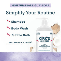 Kirk's cleanser lather foaming, showing rich, creamy texture for shower use.