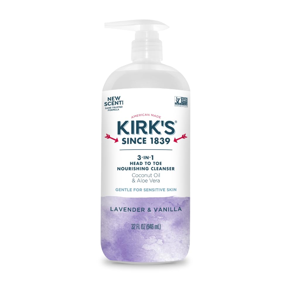 Kirk's 3-in-1 bottle with lavender-vanilla scent for head-to-toe cleansing.