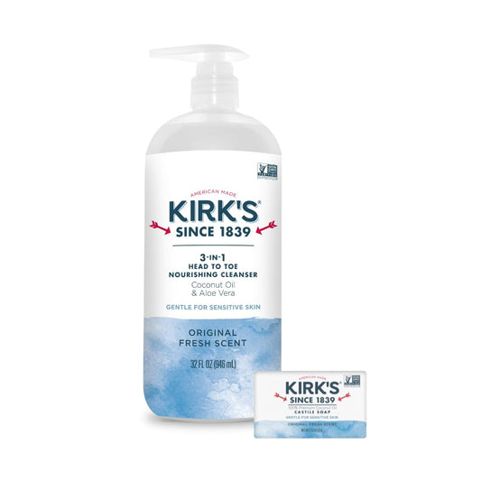 Kirk's 3-in-1 Nourishing Cleanser bottle with original fresh scent for family use