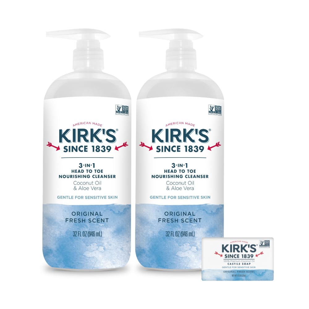 Kirk's 3-in-1 liquid cleanser with pump bottle for head-to-toe cleansing