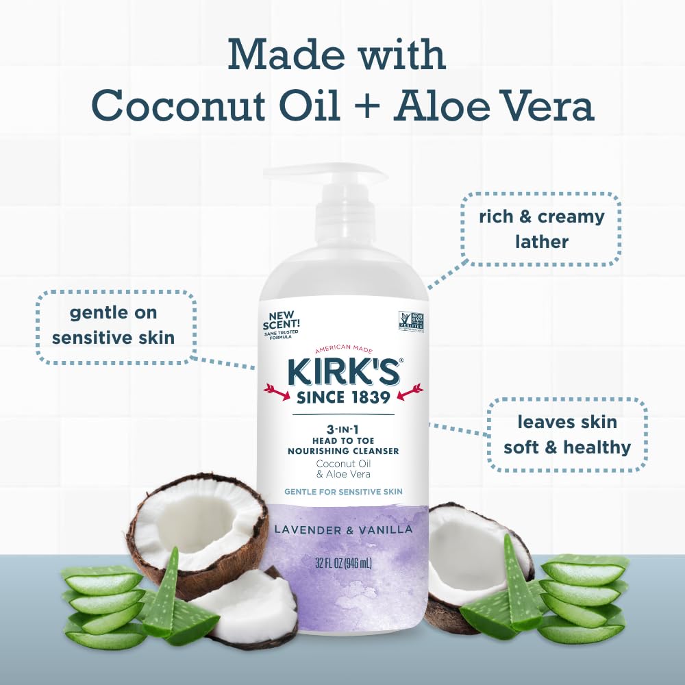 Coconut oil and aloe vera ingredients from Kirk's formula for hydration.