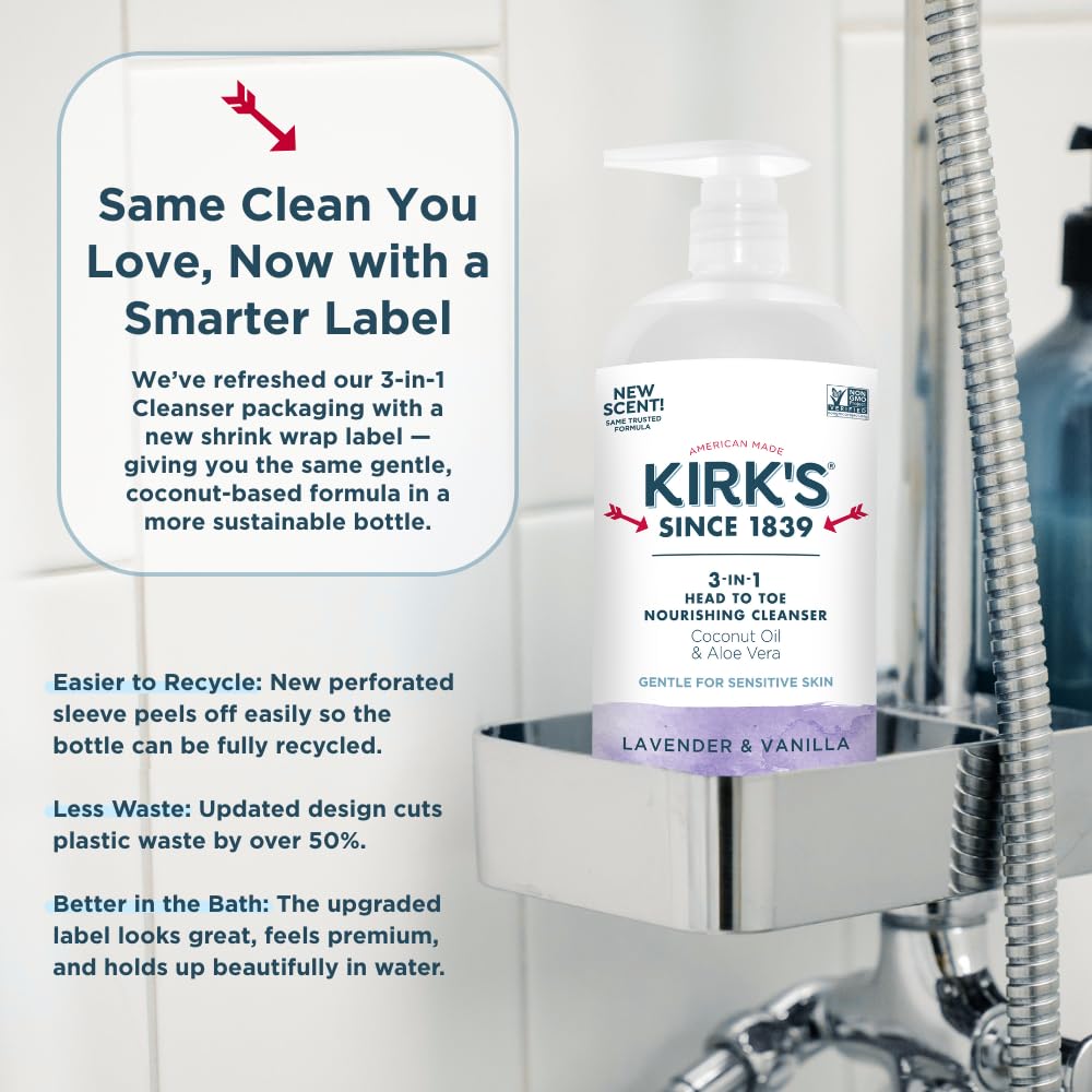 Lavender-vanilla scent on Kirk's packaging for a soothing bath time experience.