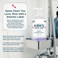 Lavender-vanilla scent on Kirk's packaging for a soothing bath time experience.