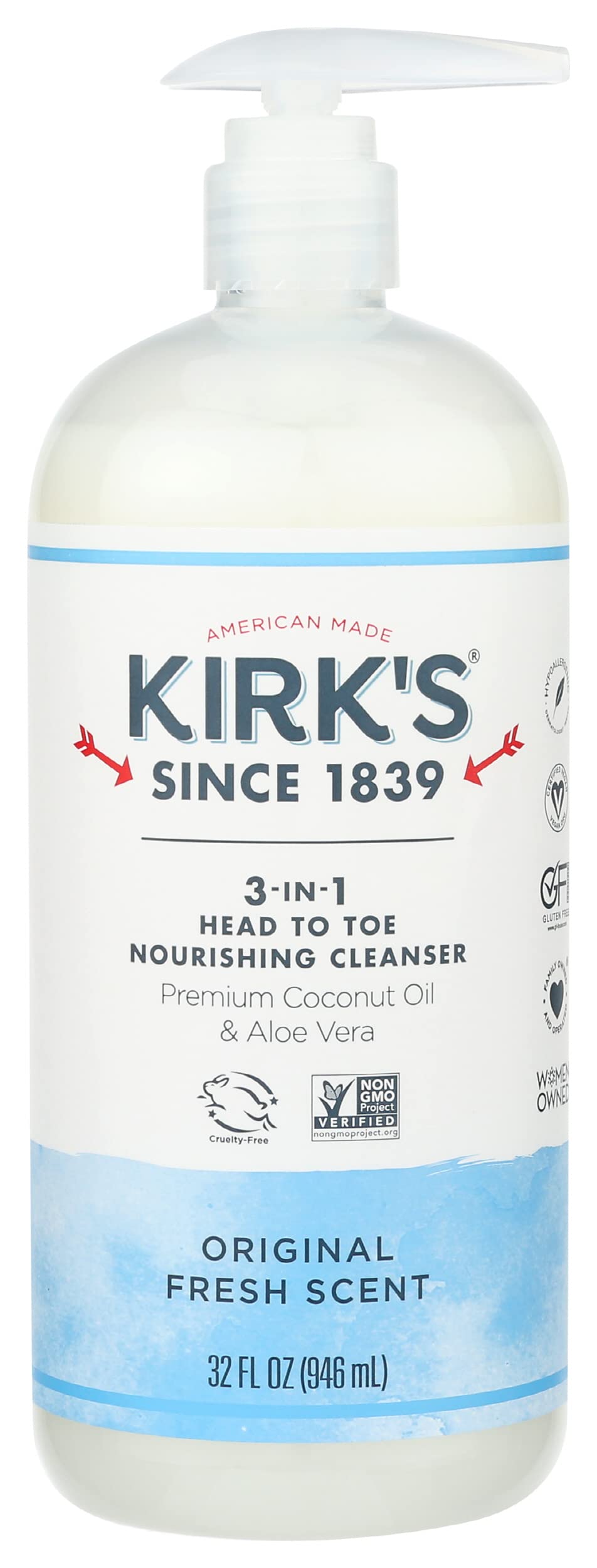 Kirks 3-in-1 bottle pour for head-to-toe cleansing with a nourishing, sulfate-free formula.