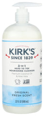 Kirks 3-in-1 bottle pour for head-to-toe cleansing with a nourishing, sulfate-free formula.