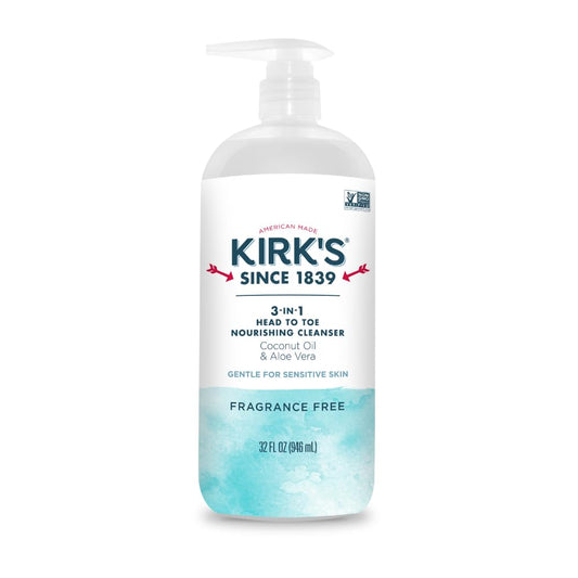 Kirk's 3-in-1 cleanser pump bottle for head-to-toe cleansing, fragrance-free and gentle.