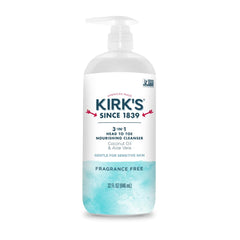 Kirk's 3-in-1 cleanser pump bottle for head-to-toe cleansing, fragrance-free and gentle.