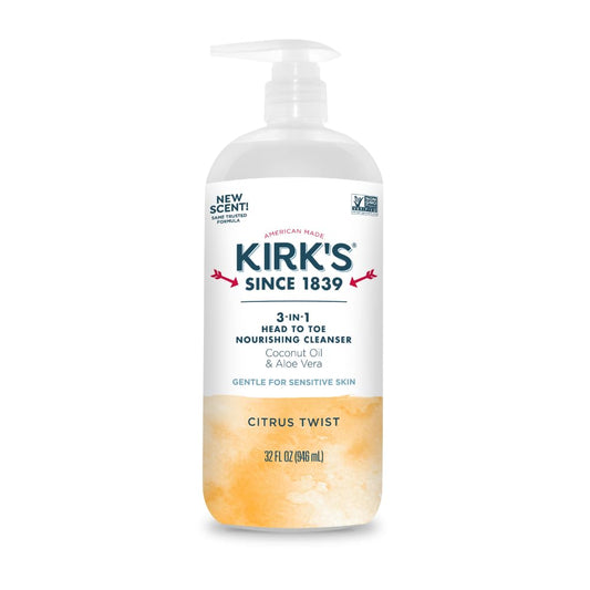 Kirks 3-in-1 bottle pump showing head-to-toe cleanser for daily use