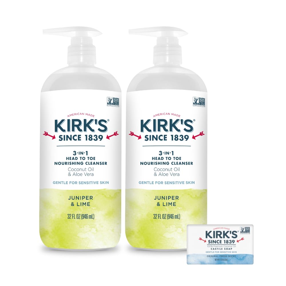 Kirk's 3-in-1 liquid cleanser Juniper & Lime bottle for gentle head-to-toe cleansing