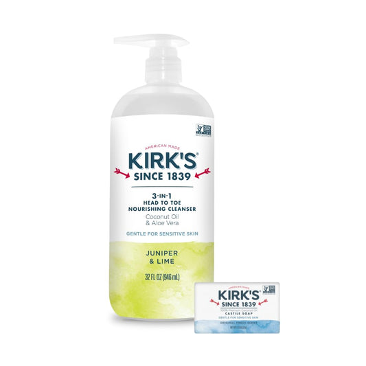 Kirk's 3in1 Castile soap travel bottle shows all-in-one cleansing.