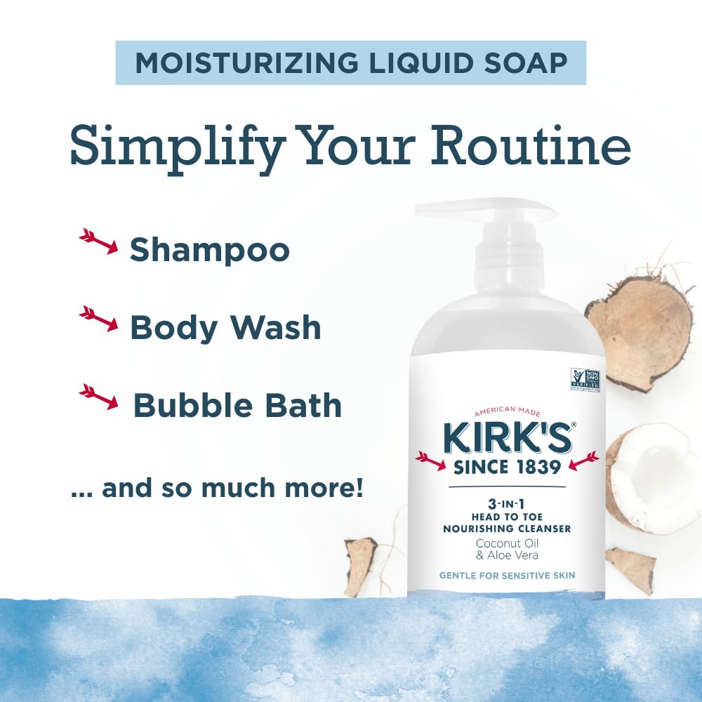 Kirks coconut oil and aloe vera ingredients banner highlights moisturizing formula.