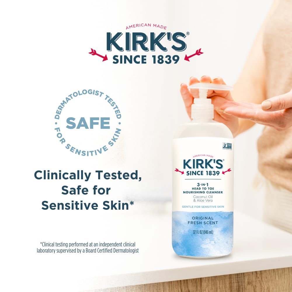 Kirks family-friendly bath time scene demonstrates adults and kids using the cleanser.
