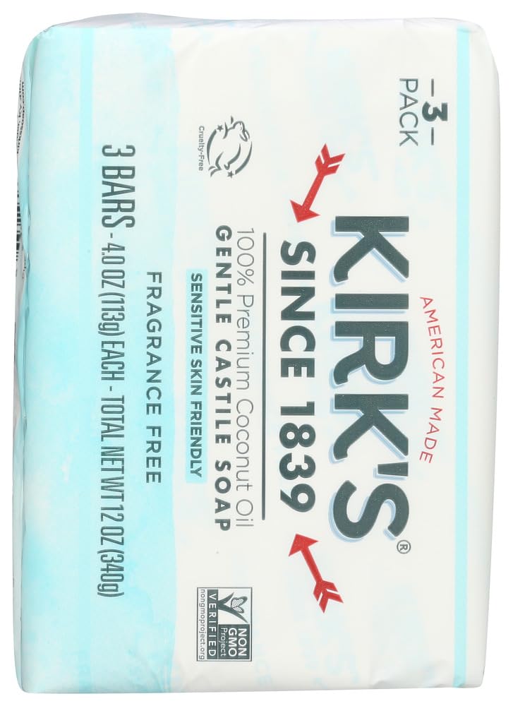 Kirks pack-of-4 Coco Castile bars in recyclable packaging, ready for daily use.