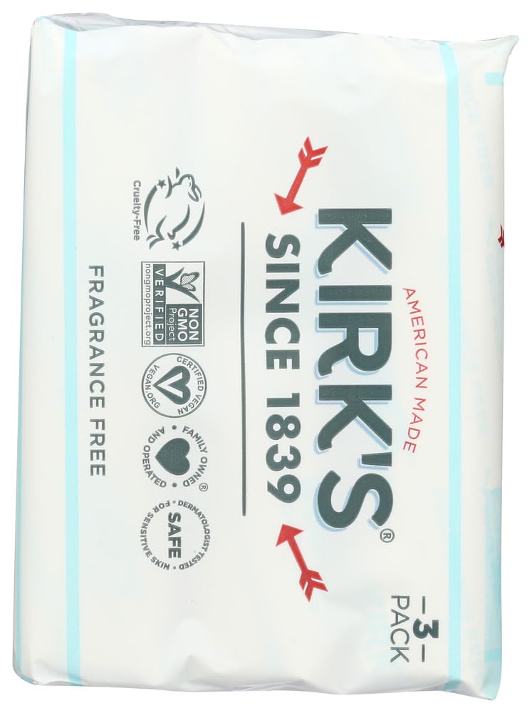 Kirks triple-milled soap bar close-up indicates durable, long-lasting lather.