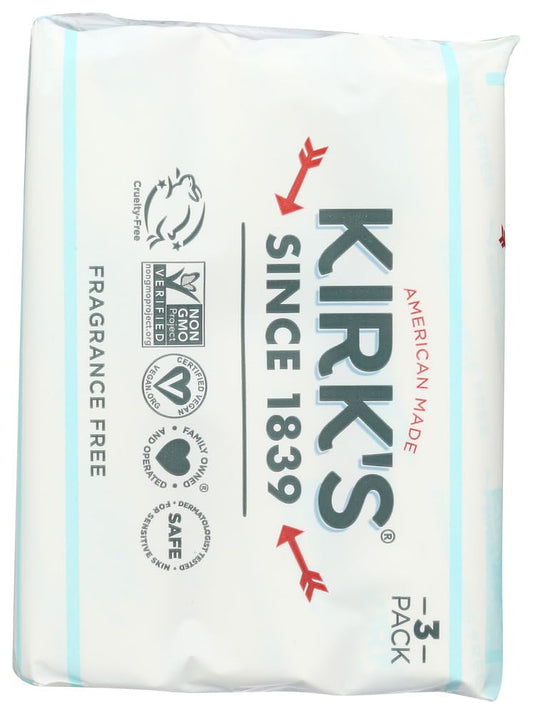 Kirks triple-milled soap bar close-up indicates durable, long-lasting lather.