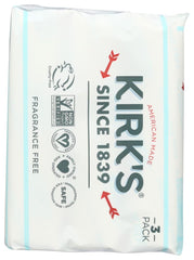 Kirks triple-milled soap bar close-up indicates durable, long-lasting lather.