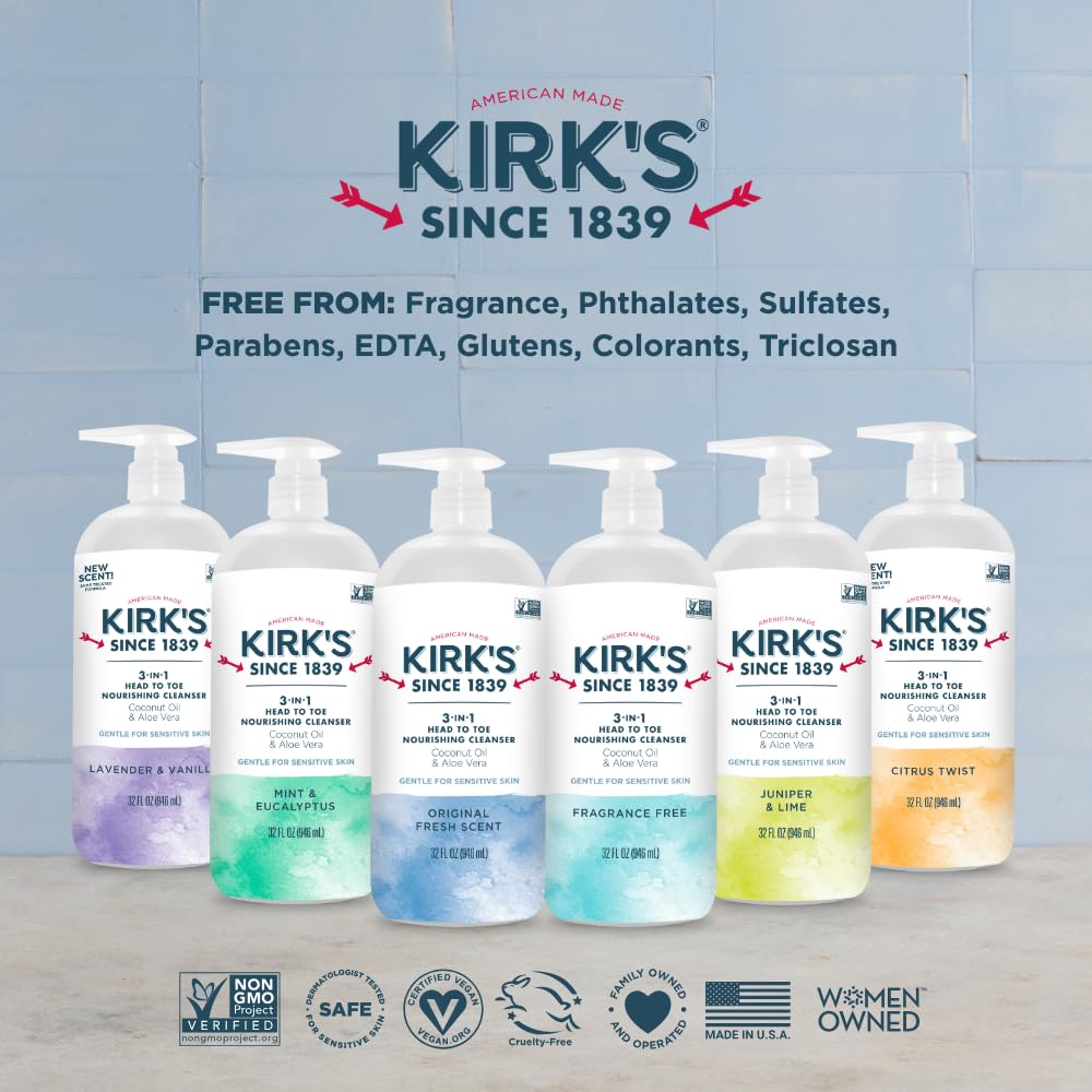Kirks vegan non-GMO logo communicates plant-based cleansing.