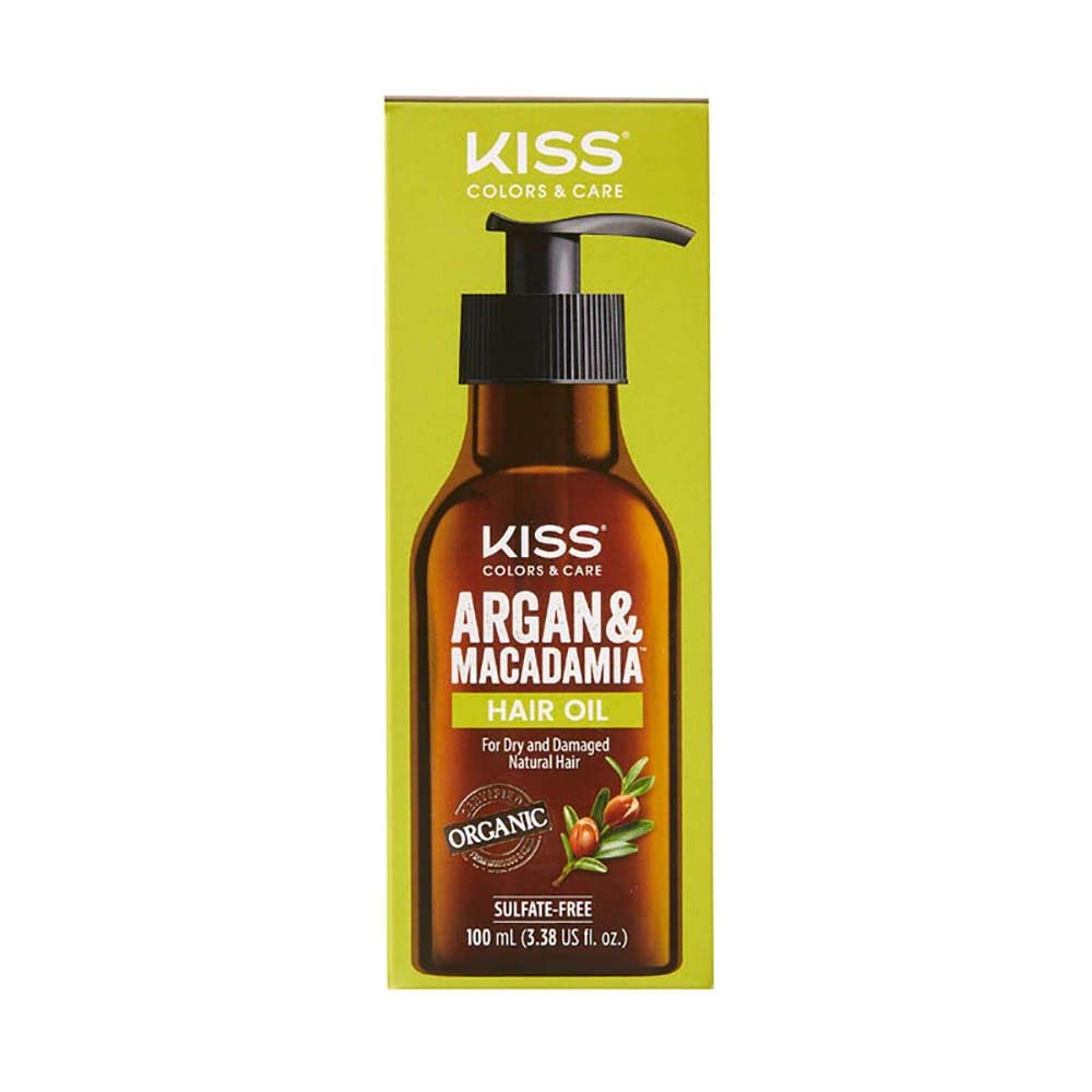 KISS Argan & Macadamia oil serum bottle for silky, voluminous hair.