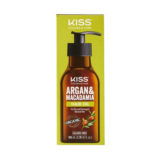 KISS Argan & Macadamia oil serum bottle for silky, voluminous hair.