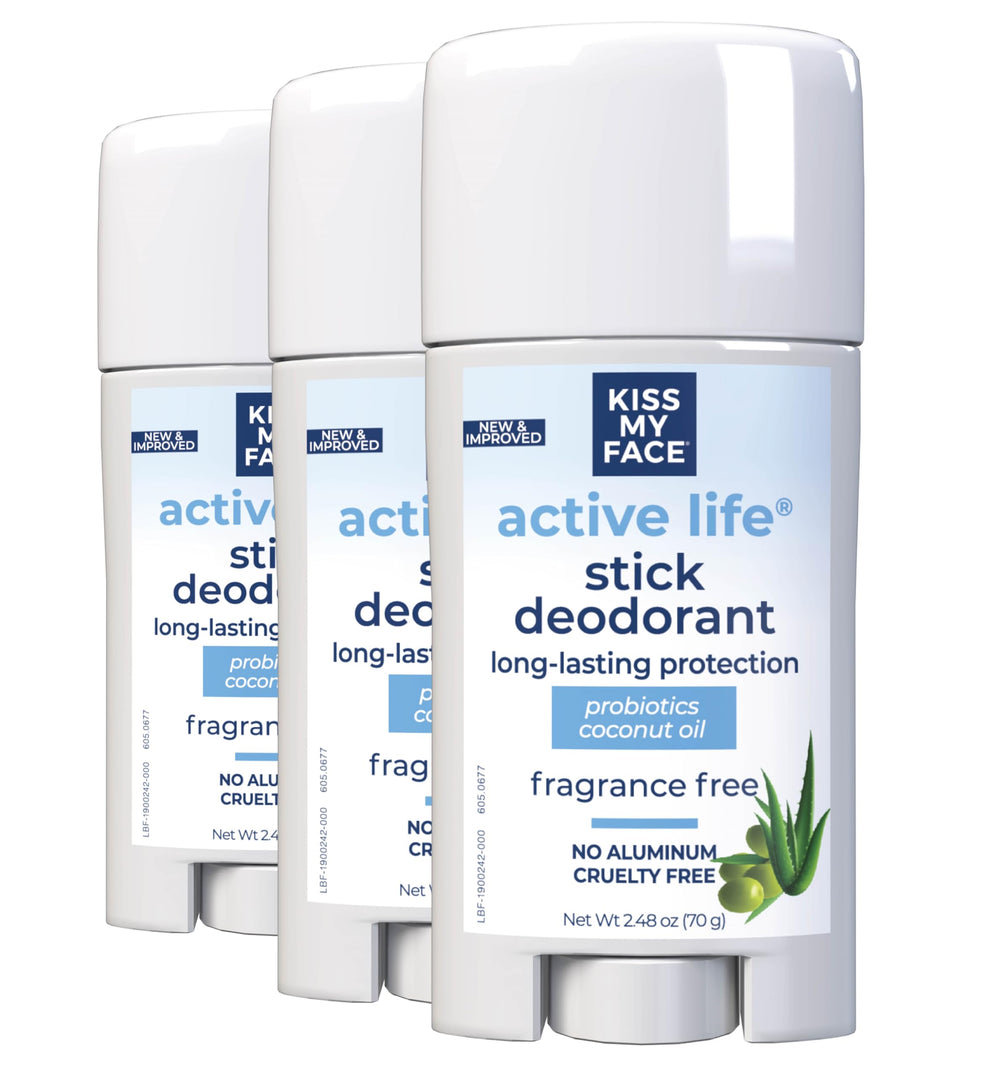 Kiss My Face Active Life Deodorant fragrance free stick provides all day odor protection without aluminum.