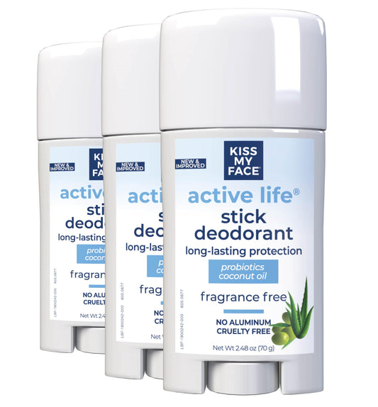 Kiss My Face Active Life Deodorant fragrance free stick provides all day odor protection without aluminum.