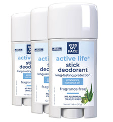 Kiss My Face Active Life Deodorant fragrance free stick provides all day odor protection without aluminum.