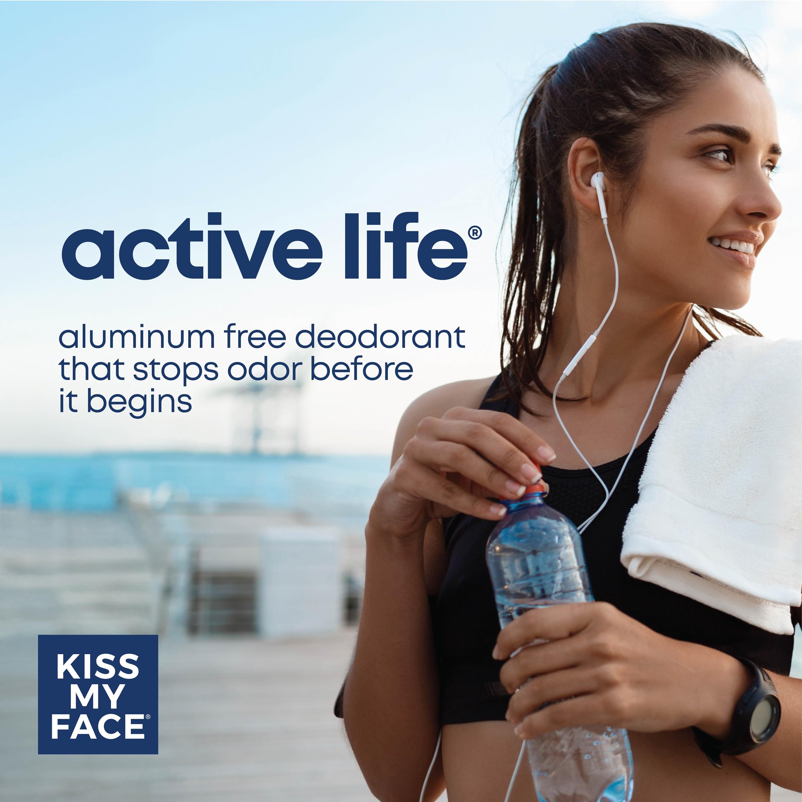 Kiss My Face Active Life Deodorant natural ingredients include enzymes and clay for odor control.
