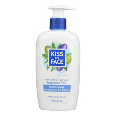 Kiss My Face moisturizing hand soap bottle pour, fragrance-free for everyday gentle cleansing.