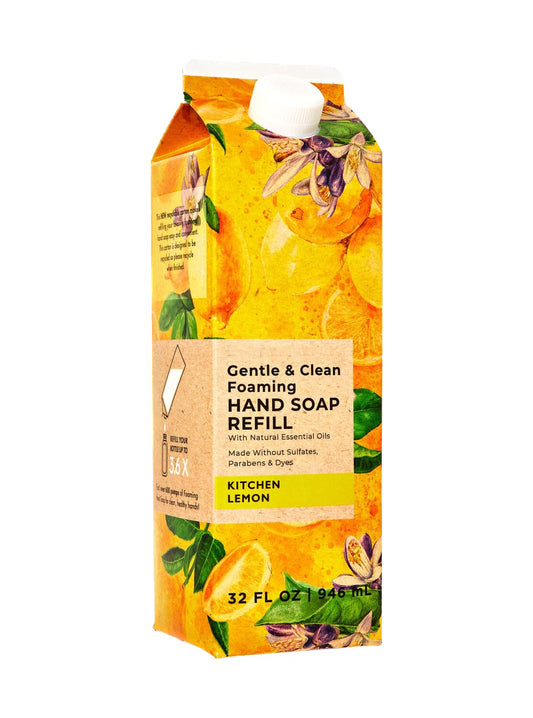 Kitchen Lemon soap refill pour shows an easy, eco-friendly refill for foaming hand soap bottles