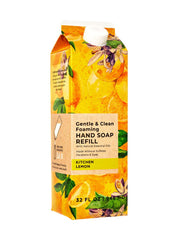 Kitchen Lemon soap refill pour shows an easy, eco-friendly refill for foaming hand soap bottles