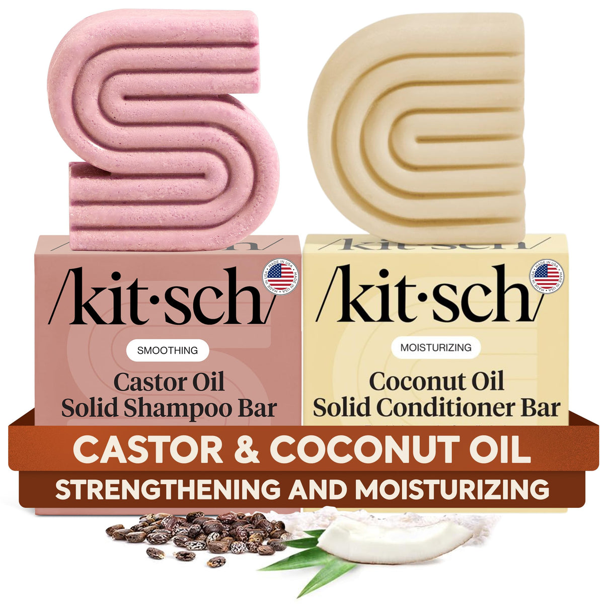 Kitsch Castor Oil Shampoo Bar packaging highlights eco-friendly, plastic-free design for sustainable care.