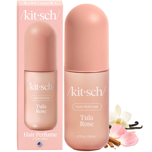 Kitsch Hair Perfume Tula Rose bottle closeup for long-lasting floral freshness.