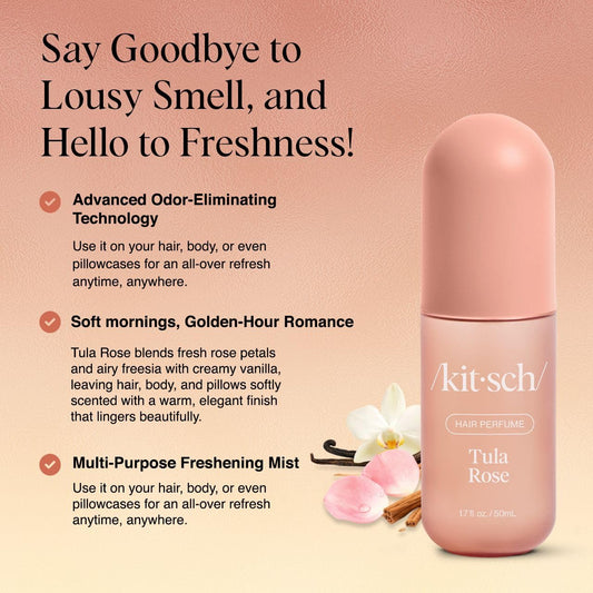 Kitsch Hair Perfume mist dispensing demonstrates quick refresh on-the-go.