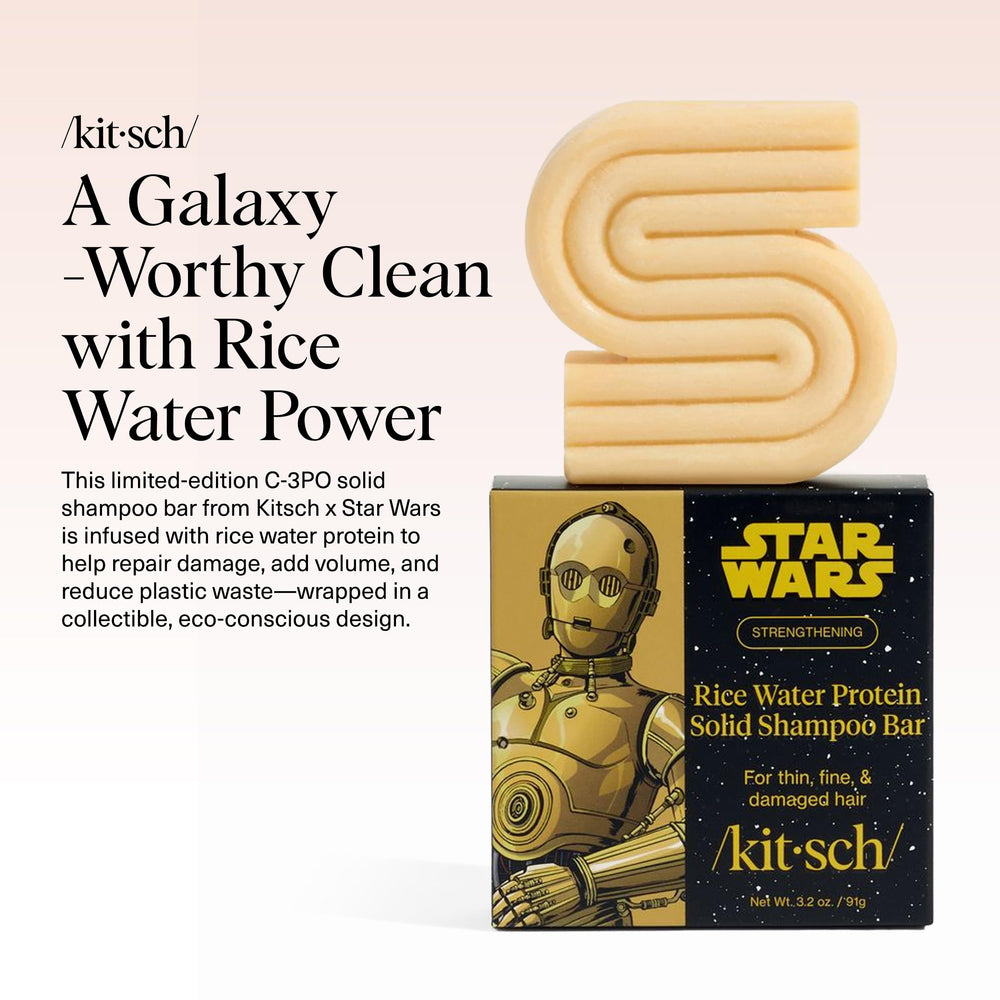 Close-up of C-3PO design on the Kitsch shampoo bar with galactic flair.