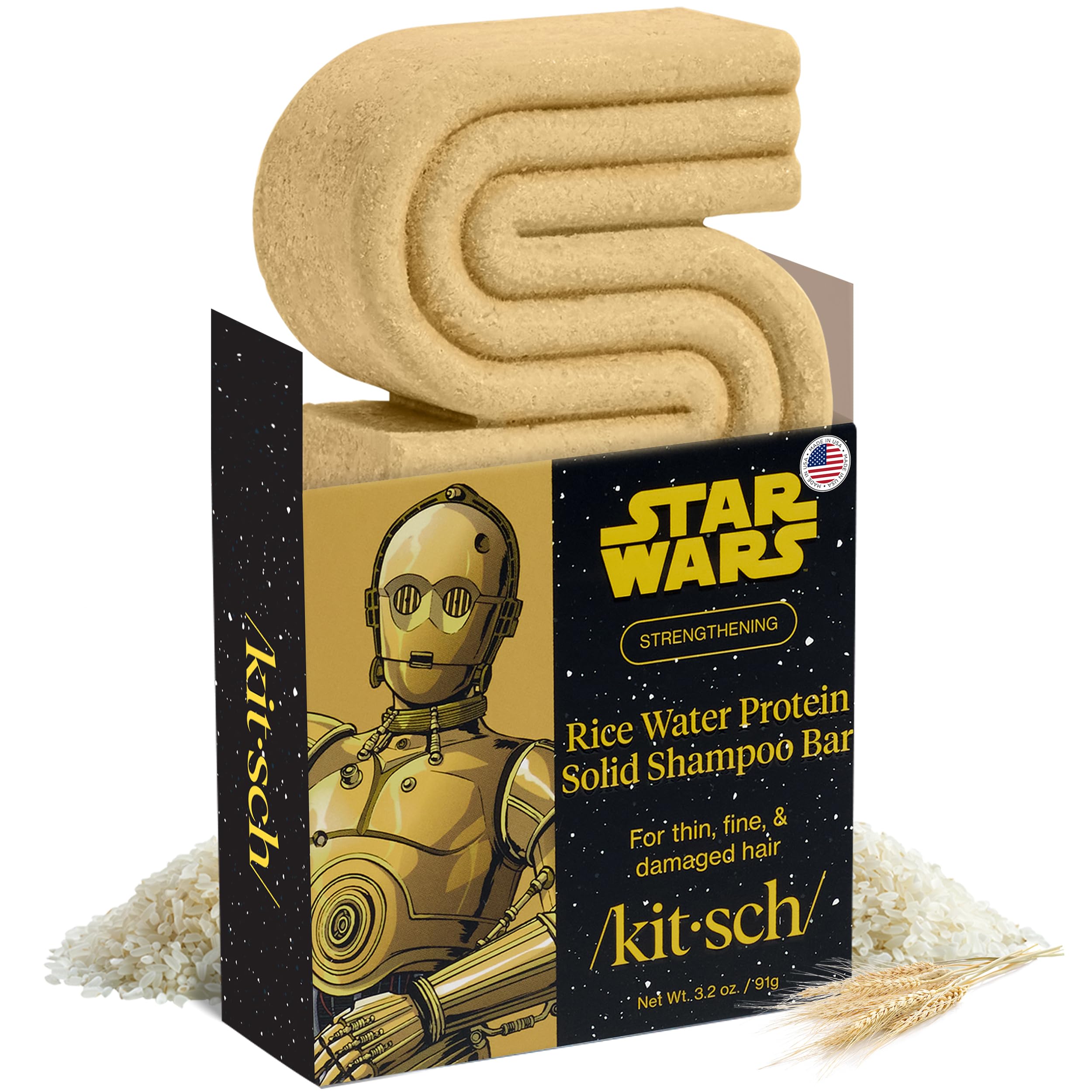 Kitsch Rice Water Protein Shampoo Bar in C-3PO packaging for daily cleansing.