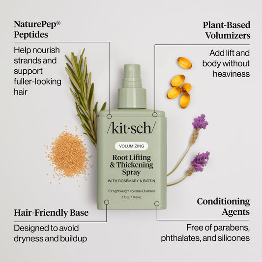 Kitsch Root Lifting Spray mist at roots delivers natural volume and day-long bounce.