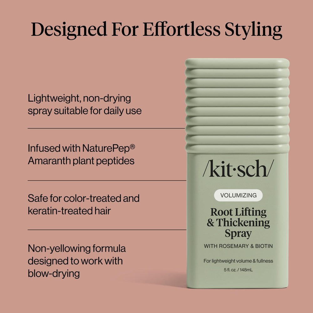 Kitsch Root Lifting Spray label highlights rosemary and biotin in a clean formula.