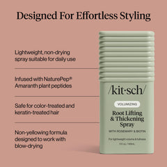 Kitsch Root Lifting Spray label highlights rosemary and biotin in a clean formula.